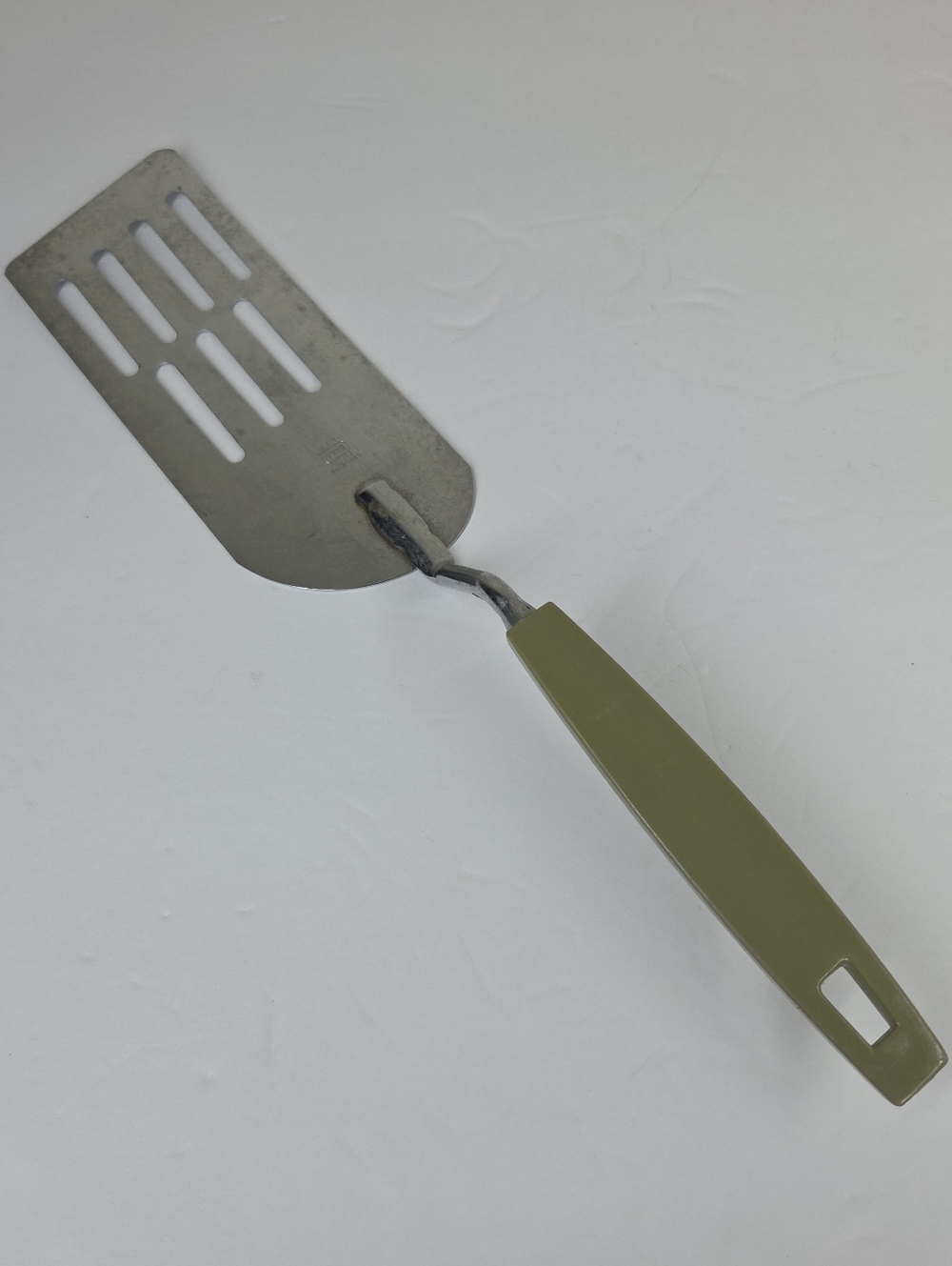 Vtg Ekco Chromium Plated Angled Slotted Turner Spatula Green Plastic Handle USA